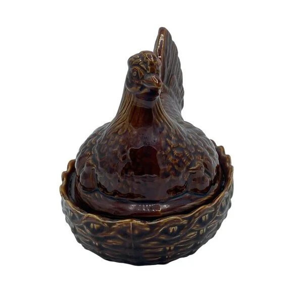 Vintage Portmeirion (?) Ceramic Hen on Nest w/2 Chicks Size 3-Medium MCM Brown - Picture 3 of 13